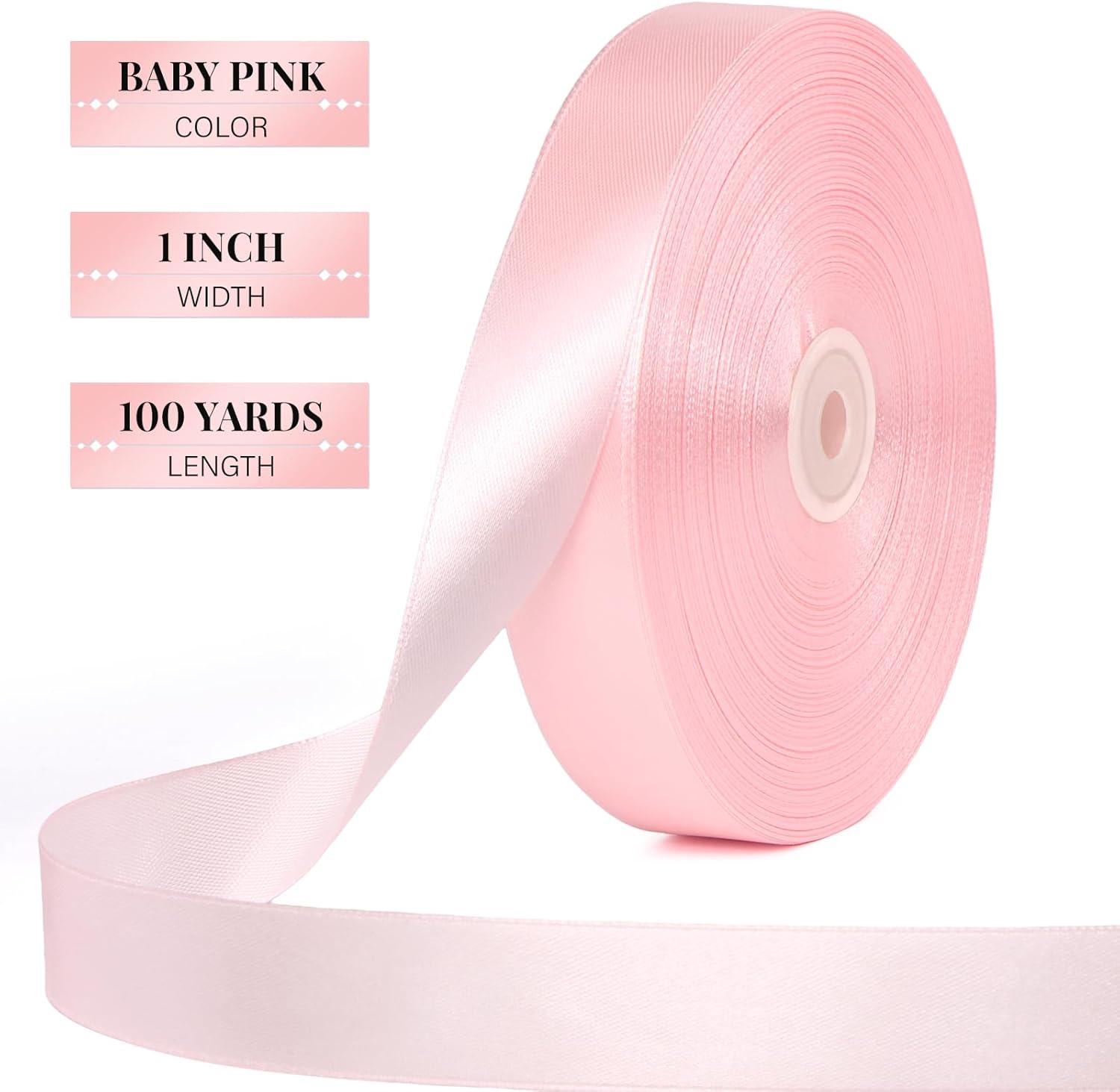 image:image100 Yards 1 Inch Baby Pink Satin Ribbon Solid Fabric Ribbon Roll for Flower Bouquet Gift Wrapping Roses Making Handmade CraftsBaby Pink