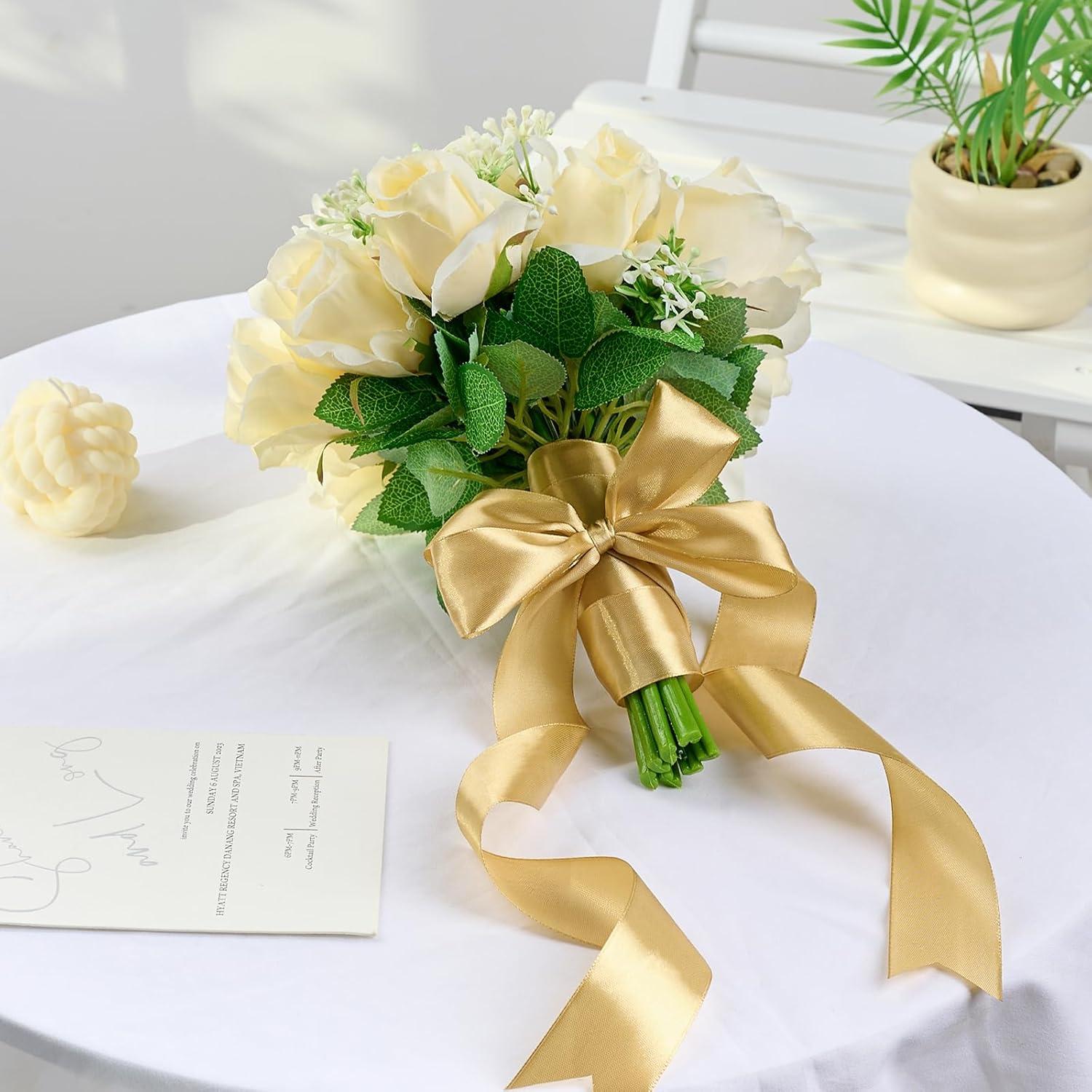 image:image112 Inch 100 Yards Baby Pink Satin Ribbon Solid Fabric Ribbon Roll for Flower Bouquet Gift Wrapping Roses Making Handmade CraftsChampagne Gold