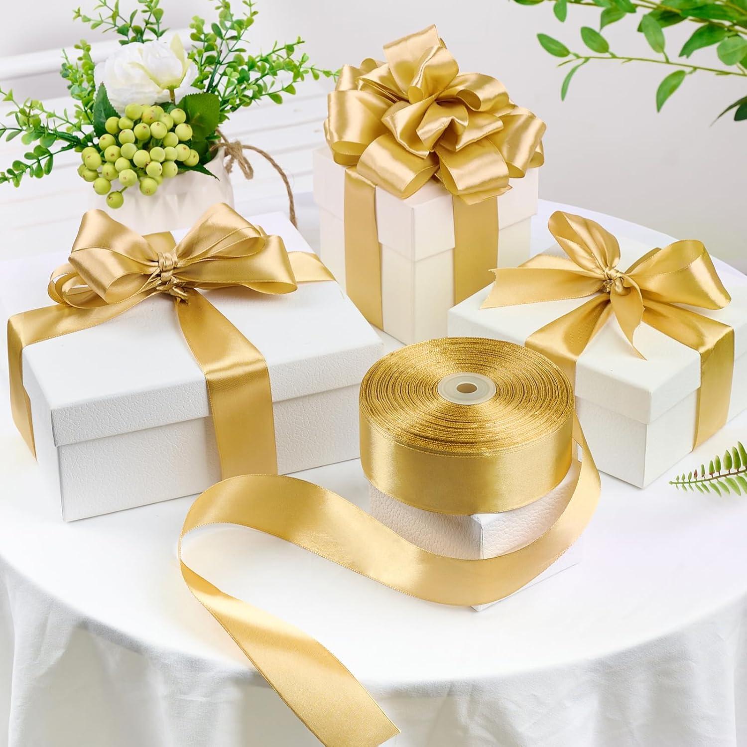 image:image112 Inch 100 Yards Baby Pink Satin Ribbon Solid Fabric Ribbon Roll for Flower Bouquet Gift Wrapping Roses Making Handmade CraftsChampagne Gold