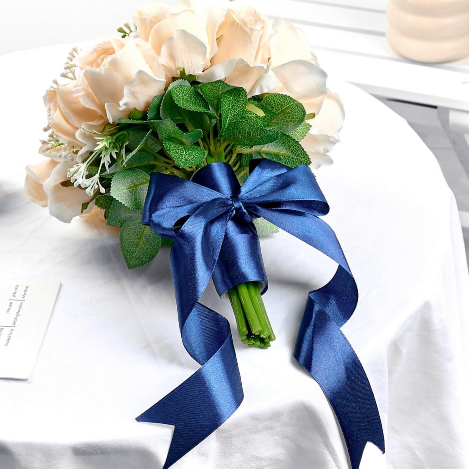 image:image112 Inch 100 Yards Baby Pink Satin Ribbon Solid Fabric Ribbon Roll for Flower Bouquet Gift Wrapping Roses Making Handmade CraftsDark Blue