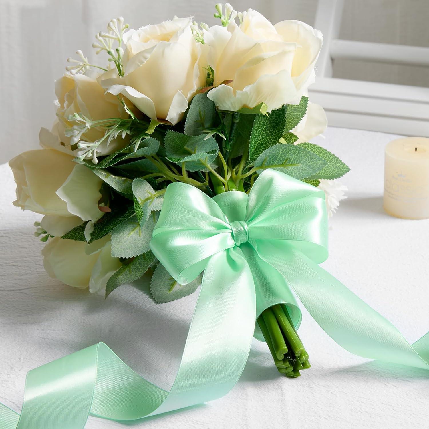 image:image112 Inch 100 Yards Baby Pink Satin Ribbon Solid Fabric Ribbon Roll for Flower Bouquet Gift Wrapping Roses Making Handmade CraftsMint Green