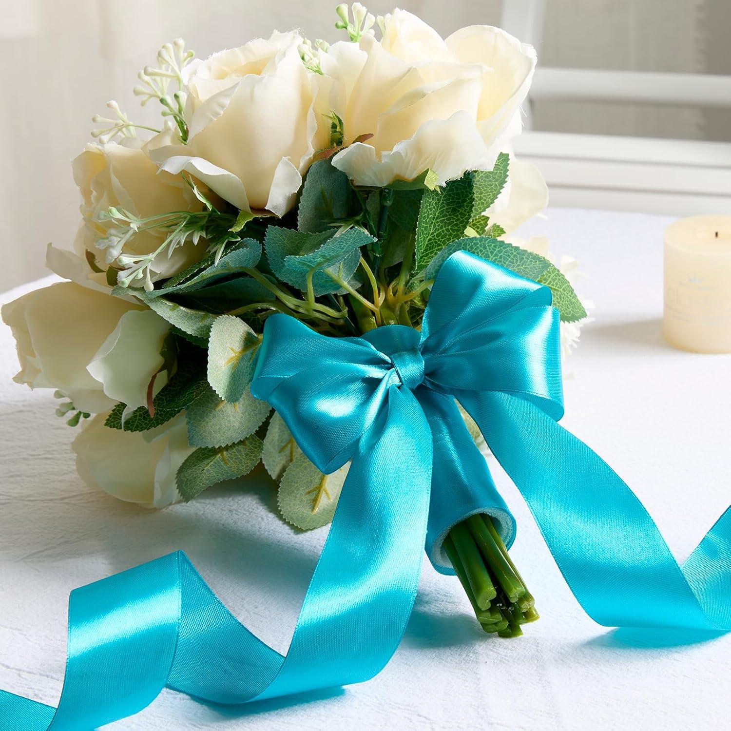 image:image112 Inch 100 Yards Baby Pink Satin Ribbon Solid Fabric Ribbon Roll for Flower Bouquet Gift Wrapping Roses Making Handmade CraftsPeacock Blue