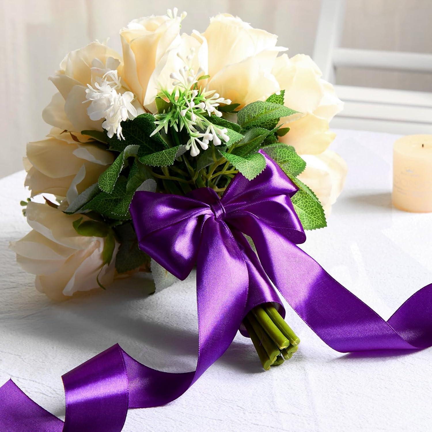 image:image112 Inch 100 Yards Baby Pink Satin Ribbon Solid Fabric Ribbon Roll for Flower Bouquet Gift Wrapping Roses Making Handmade CraftsPurple