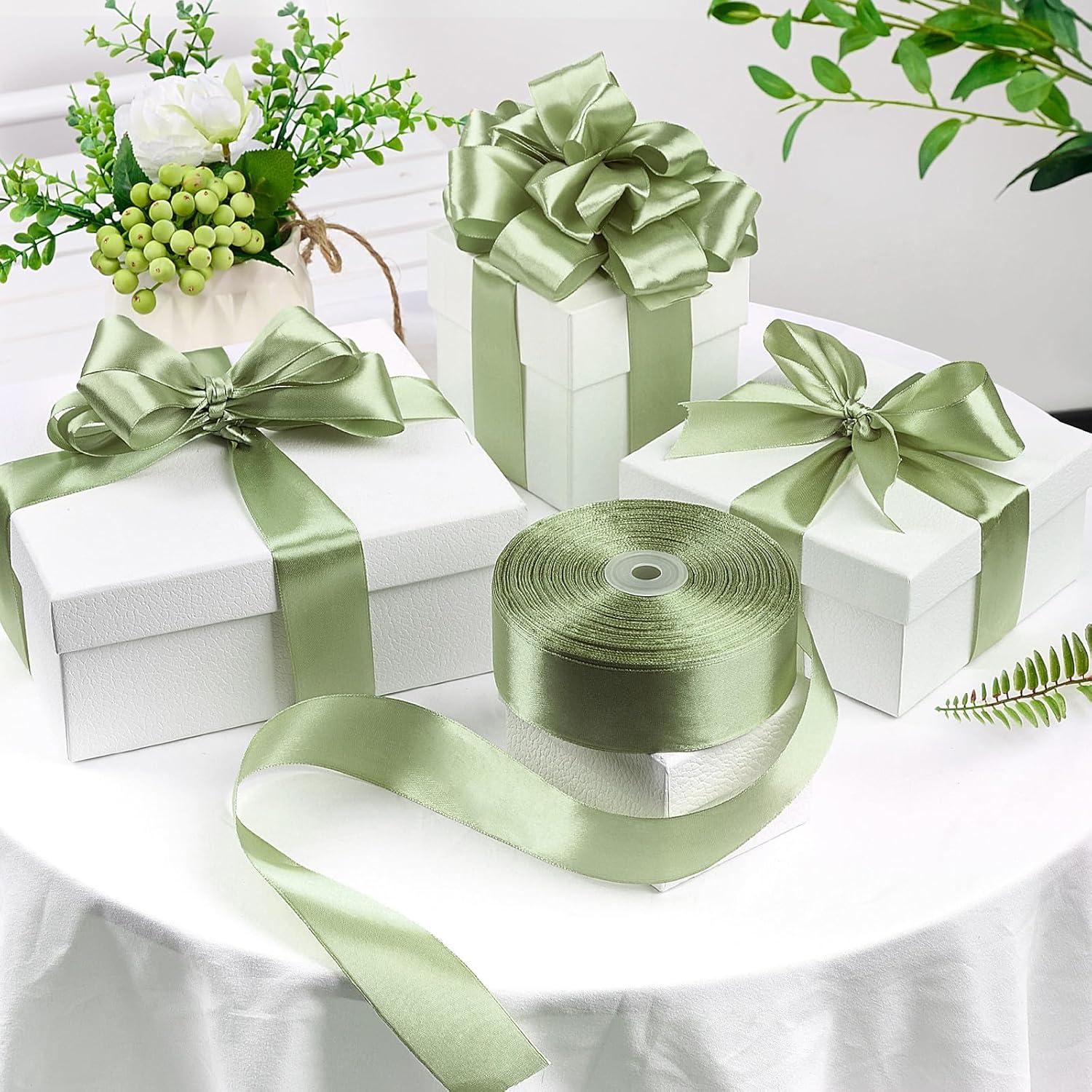 image:image112 Inch 100 Yards Baby Pink Satin Ribbon Solid Fabric Ribbon Roll for Flower Bouquet Gift Wrapping Roses Making Handmade CraftsSage Green