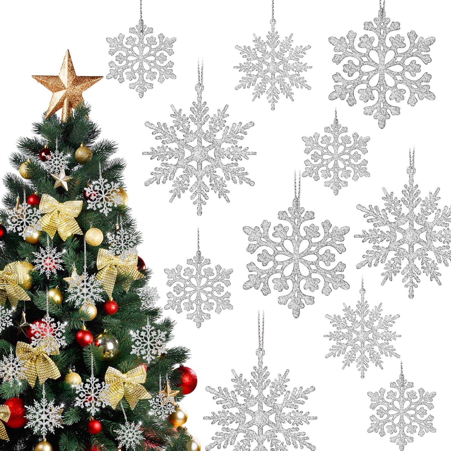 image:image36Pcs Silver Glitter Snowflake Decorations Christmas Ornaments Hanging Plastic Snow Flakes Ornaments with Silver Rope for Christmas Tree Decorations Winter Wonderland Party Supplies