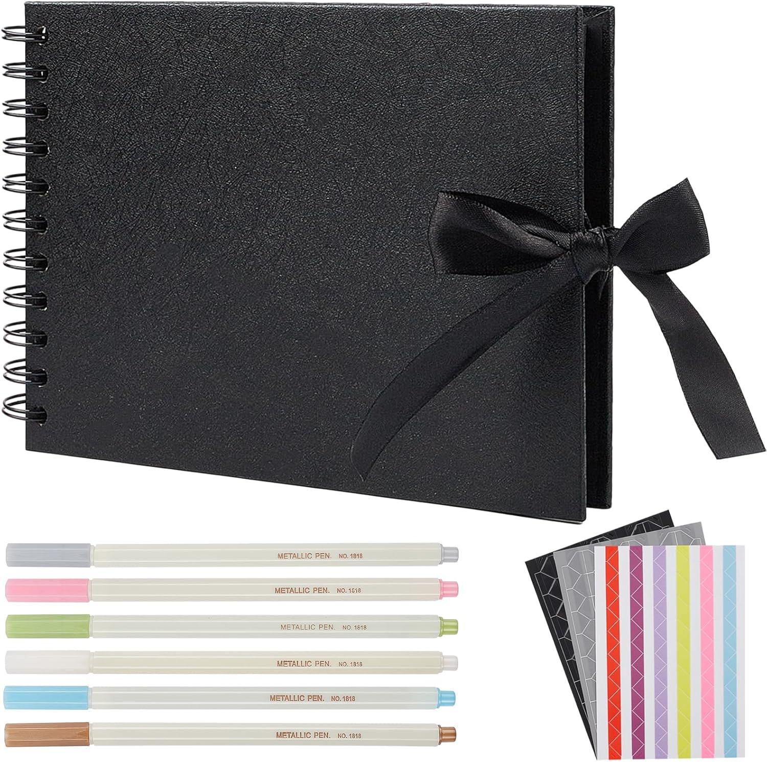 image:image60 Pages Small Scrapbook Album with 6 Metallic Markers 85 x 59 Inches Black Paper Photo Album for Wedding Anniversary Family DIY Scrapbook Accessories8559 Inches 60Pages