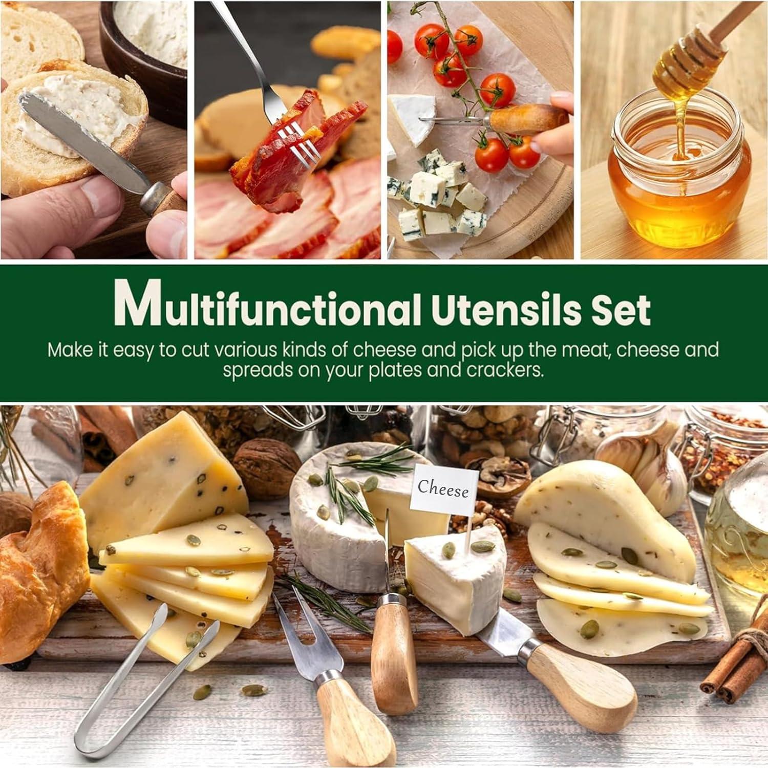 image:imageCharcuterie Board Accessories Wooden Handle Cheese Knife Set Charcuterie Utensils Include Cheese Knifes Tongs Spreaders Forks Spoons Honey Dippers Flags 42 Pieces