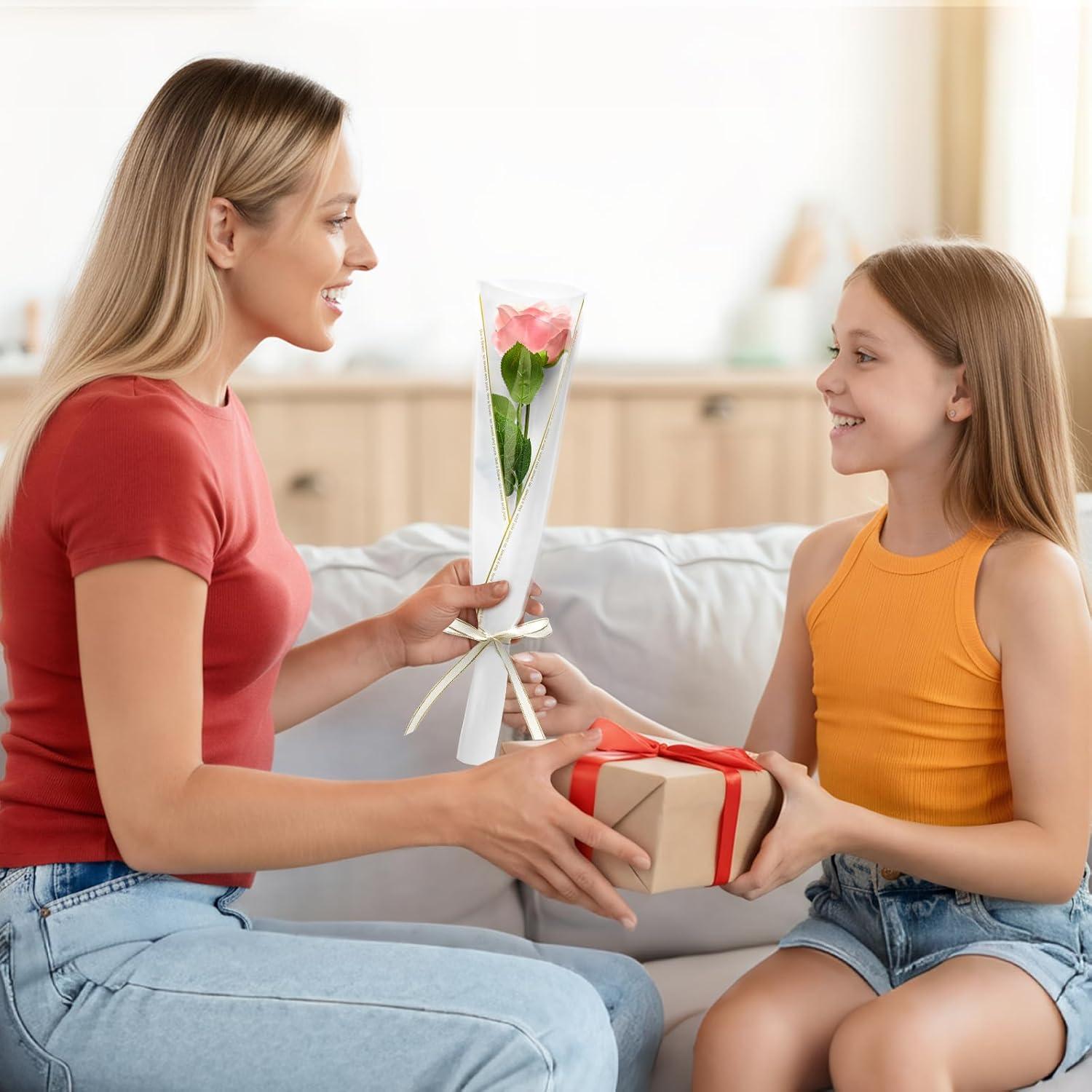 image:imageJutieuo 100Pcs Single Rose Sleeve with 100Pcs Floral Water Tubes for Fresh Flowers Transparent Single Flower Sleeve Individual Rose Wrap Bulk for Mothers Day Events Florist SuppliesWhite Gold Line 100 bags