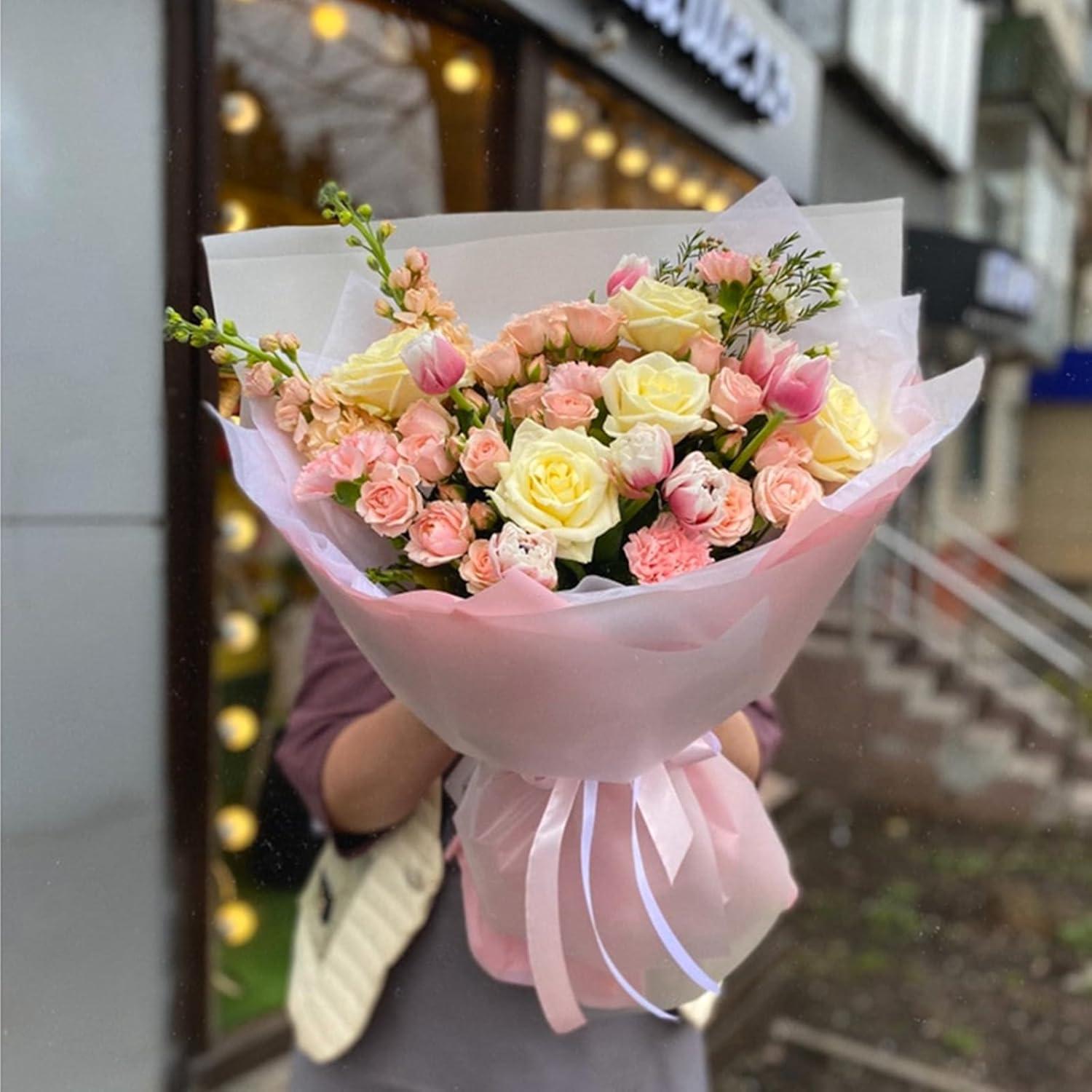 image:imageJutieuo 20 Sheets Pink Flower Wrapping Paper Waterproof Translucent Korean Floral Paper for Flower Bouquet Wraps Gift Packaging Florist Supplies 228 x 228 inchPink