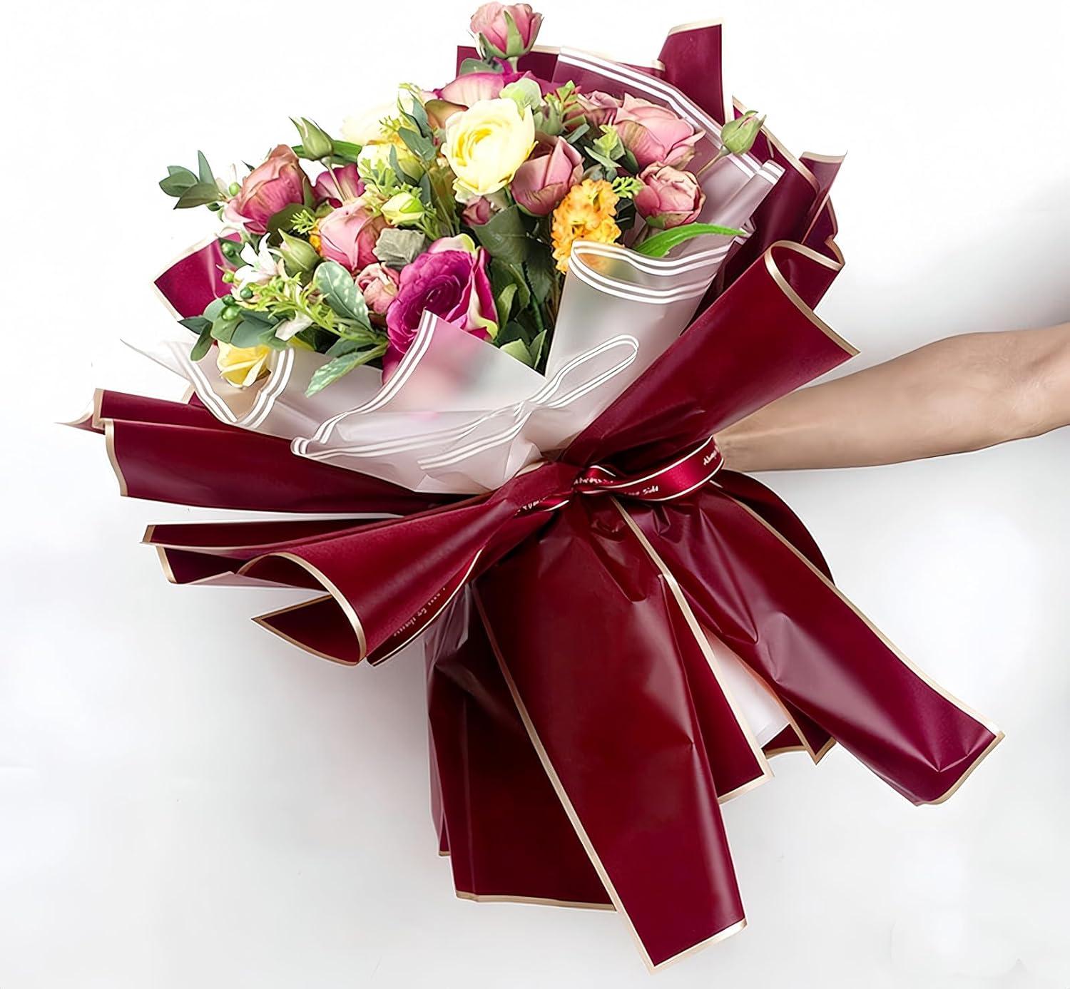image:imageJutieuo 20 Sheets Pink Flower Wrapping Paper Waterproof Translucent Korean Floral Paper for Flower Bouquet Wraps Gift Packaging Florist Supplies 228 x 228 inchBurgundy