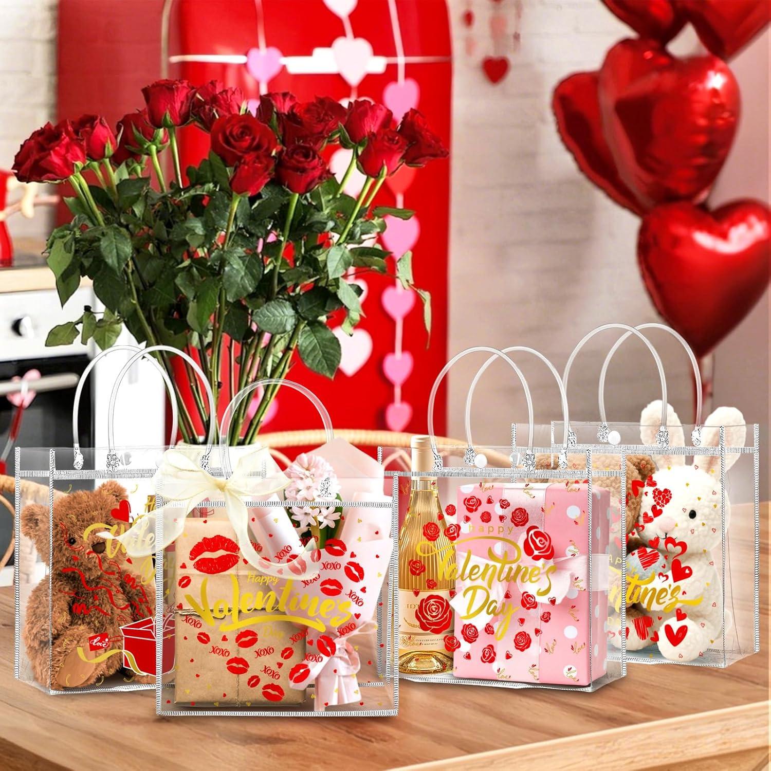 image:imageJutieuo 24 Pack Clear Gift Bags with Handles Bulk Valentines Day Gift Bags Reusable Transparent PVC Plastic Tote Goodies Bags for Valentines Party Favors 79 x 79 x 32 Inch