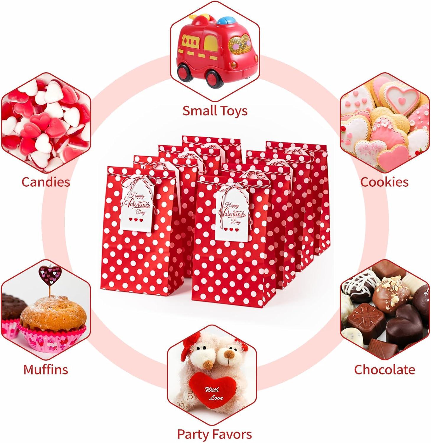 image:imageJutieuo 30 PCS Valentines Day Gift Bags with Cards Cute Polka Dots Red Valentine Paper Treat Bags Classroom Gift Goodie Bag for Valentines Party FavorsRed White Polka Dot