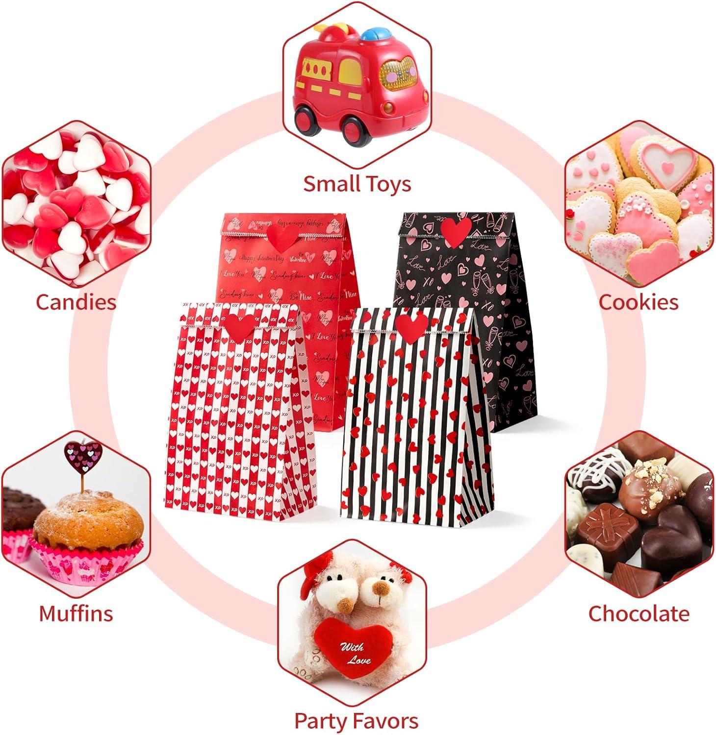 image:imageJutieuo 30 PCS Valentines Day Gift Bags with Cards Cute Polka Dots Red Valentine Paper Treat Bags Classroom Gift Goodie Bag for Valentines Party FavorsBlack Red Heart