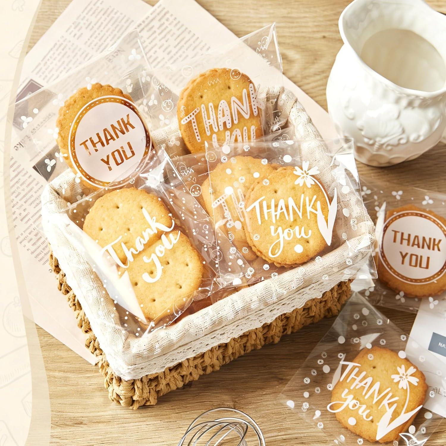 image:imageJutieuo 300pcs SelfAdhesive Thank You Cookie Bags 4x4 Inch White Polka Dot Clear Cellophane Treat Bags for Individual Dessert Pastry Goodie Candy Cookie Packaging Party Favors Bake Sale100
