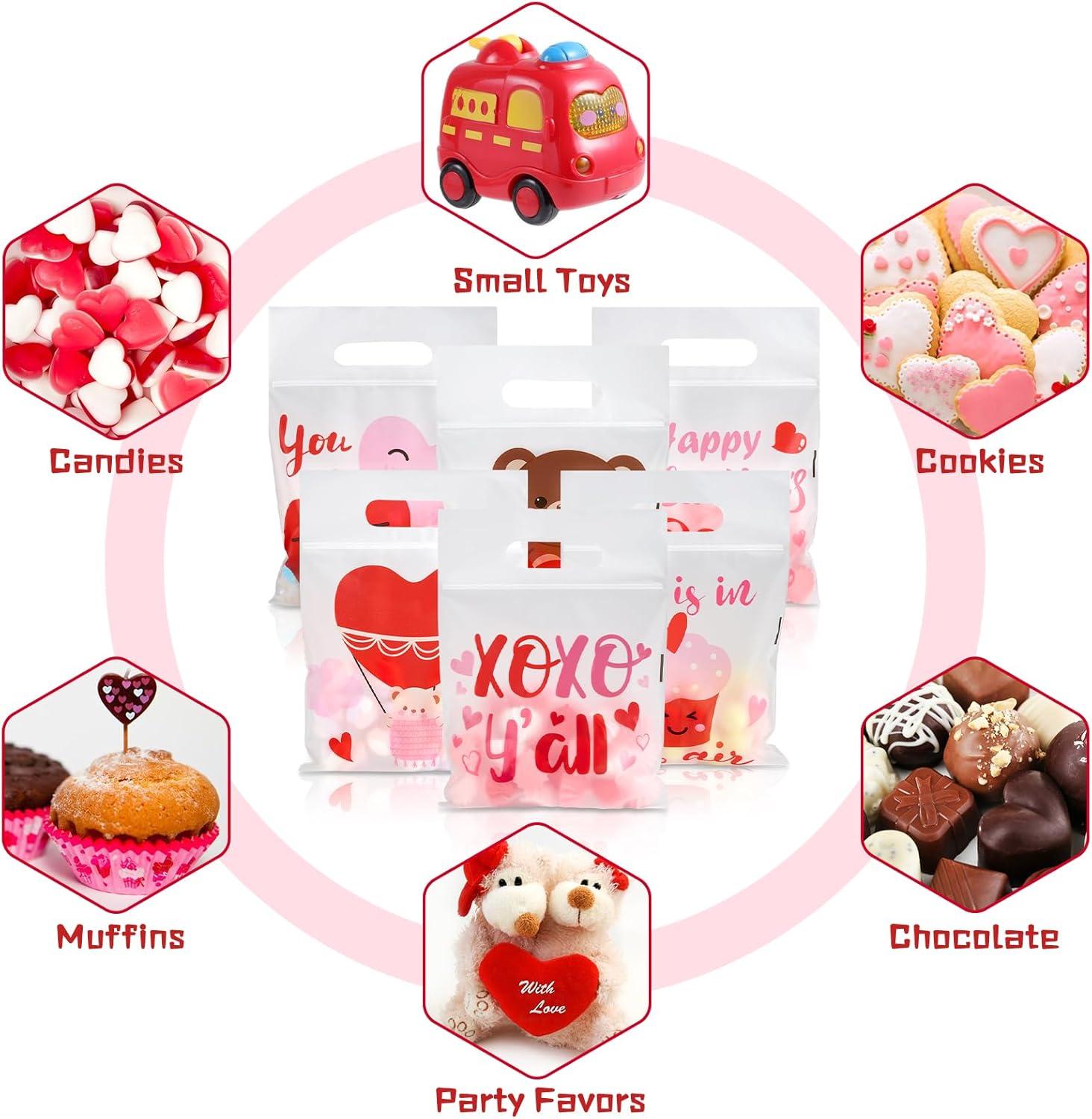 image:imageJutieuo 36 PCS Valentines Day Treat Bags Translucent Red Pink Heart Valentines Small Plastic Gift Bags with handles for Party Favor Goodie Bag Cookie Candy