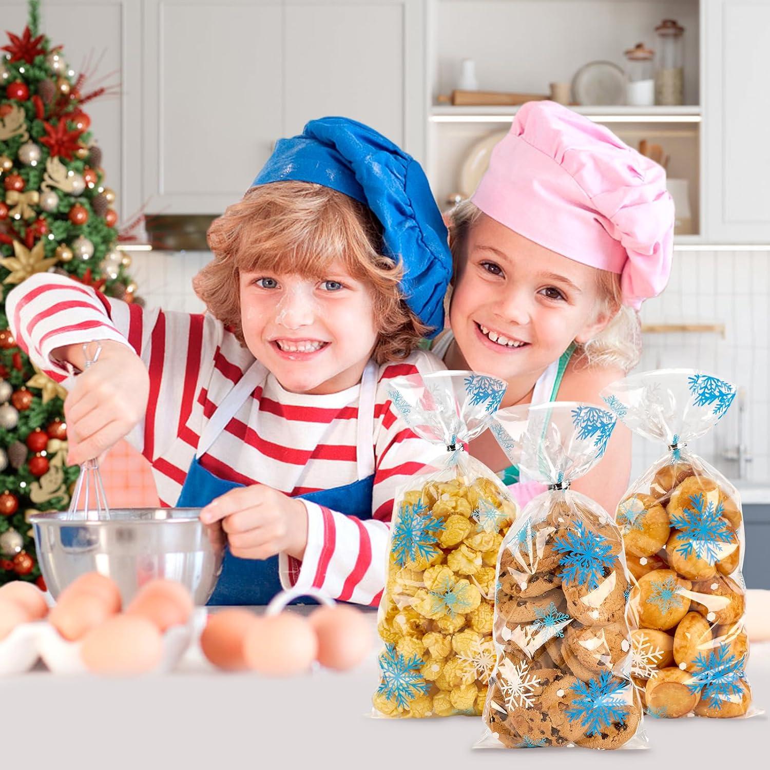 image:imageJutieuo Christmas Snowflake Cellophane Treat Bags 100PCS Winter Candy Goodie Cookie Bags Plastic with Twist Ties for Xmas Wonderland Holiday Party Supplies Blue White