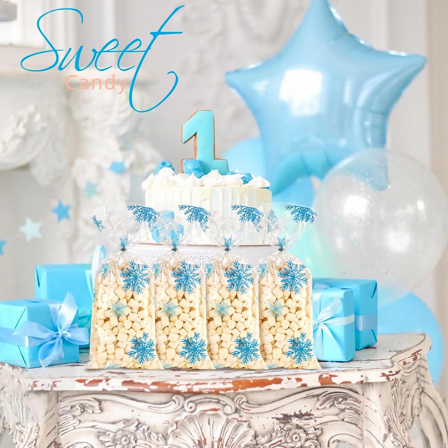 image:imageJutieuo Christmas Snowflake Cellophane Treat Bags 100PCS Winter Candy Goodie Cookie Bags Plastic with Twist Ties for Xmas Wonderland Holiday Party Supplies Blue White