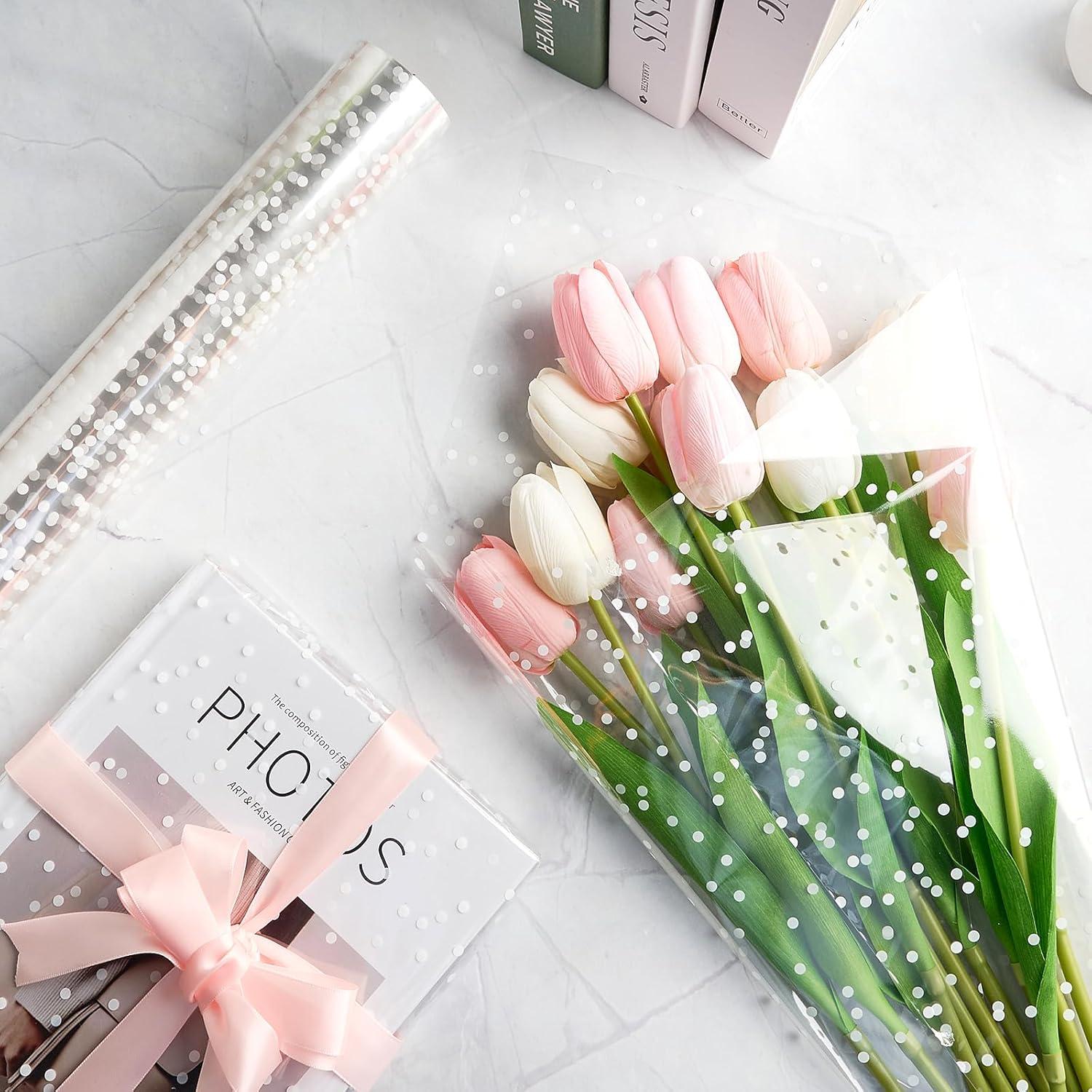 image:imageJutieuo Heart Clear Cellophane Wrap Roll 100Ft Long X 34In Extra Wide 25 Mil Thick Crystal Clear Mothers Day Bouquet Baskets Gifts Crafts Treats Wrapping Food Grade 34 Fold into 17White Dot