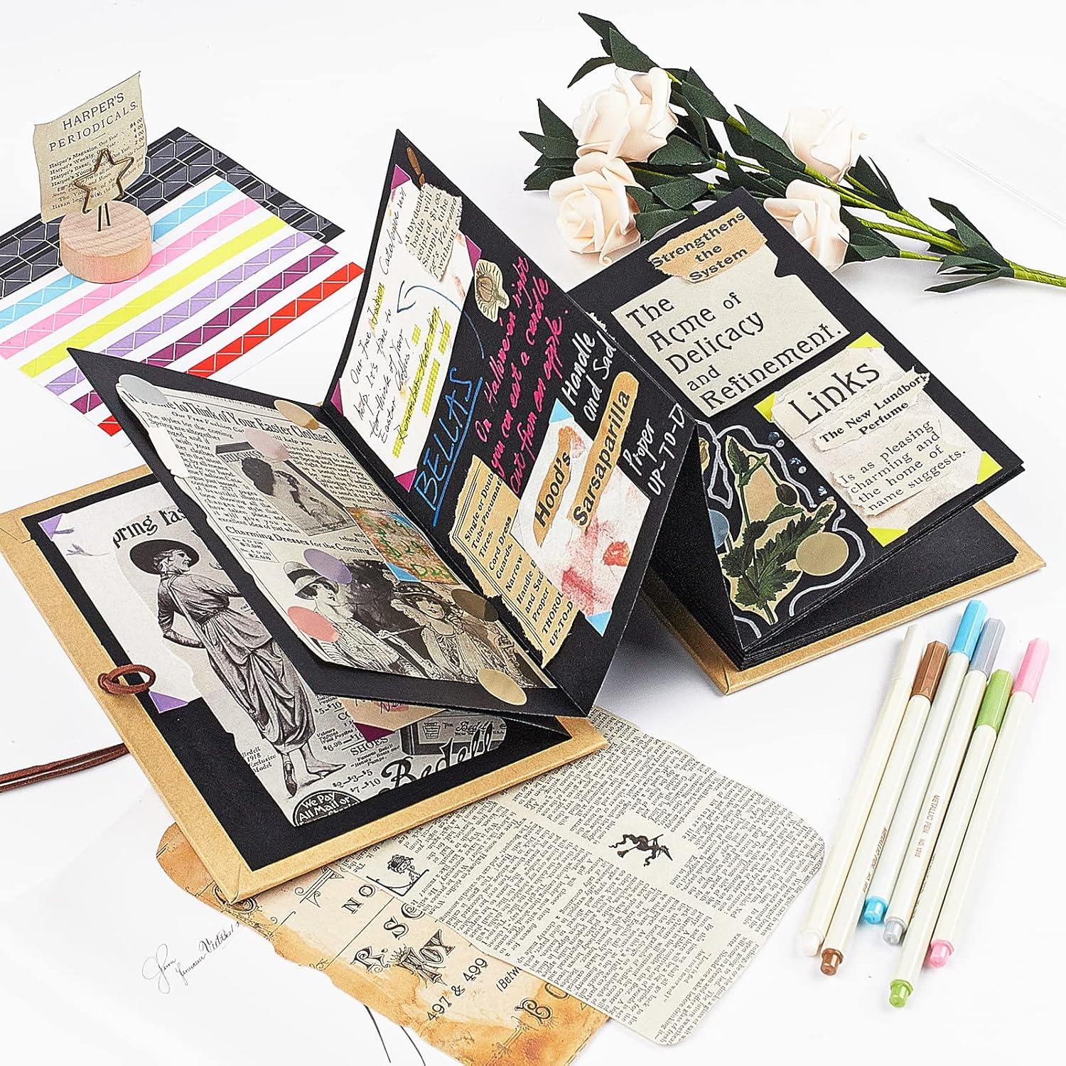 image:imageScrapbook Album 6x8 Inch Small Photo Album with DIY Accessories Set Stretchable Folding Kraft Paper Memory Book for Wedding Anniversary BlackBlack