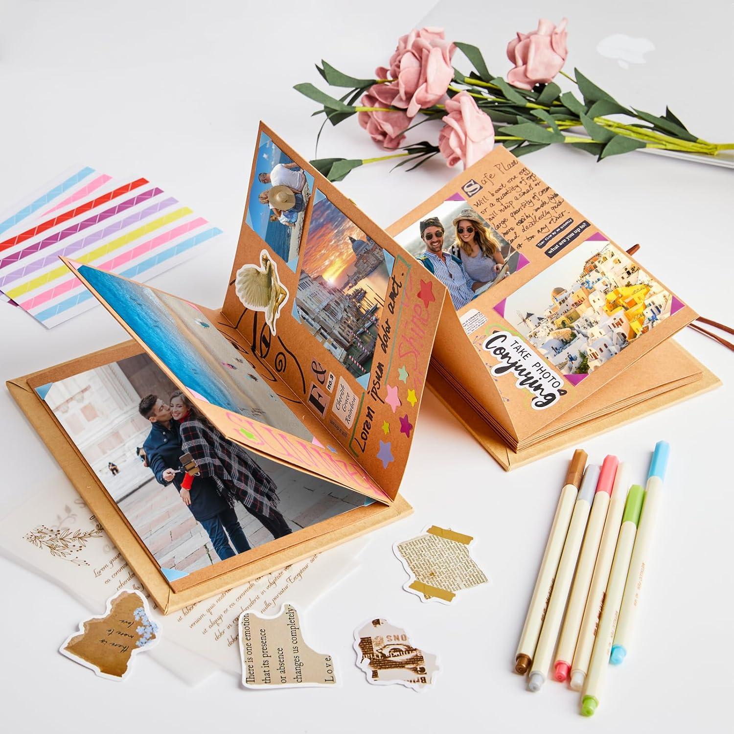 image:imageScrapbook Album 6x8 Inch Small Photo Album with DIY Accessories Set Stretchable Folding Kraft Paper Memory Book for Wedding Anniversary BlackBrown