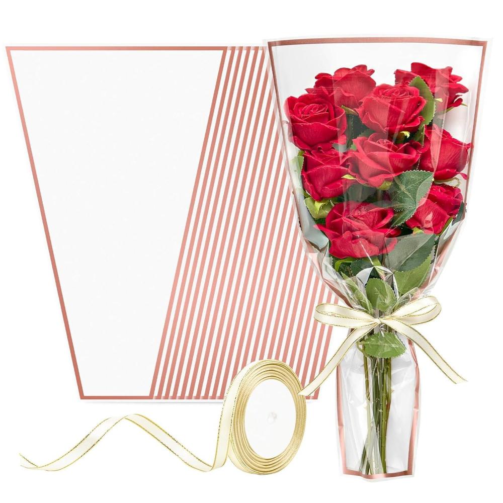 image:image100 PCS Wave Edge Flower Bags for Bouquet Clear Plastic Flower Bouquet Wrapping Paper Floral Sleeve Bags with Ribbons for Florist Bar Supplies 118x177 Inches Medium SizeWhite50pcs