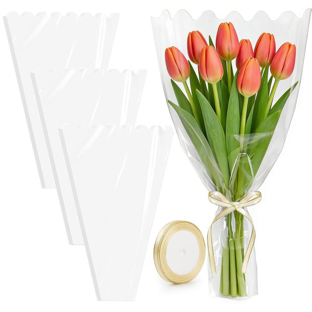 image:image100 PCS Wave Edge Flower Bags for Bouquet Clear Plastic Flower Bouquet Wrapping Paper Floral Sleeve Bags with Ribbons for Florist Bar Supplies 118x177 Inches Medium SizeClear100pcs