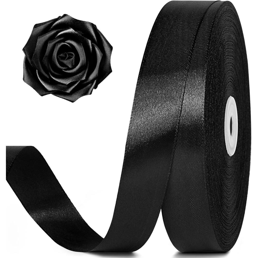 image:image100 Yards 1 Inch Baby Pink Satin Ribbon Solid Fabric Ribbon Roll for Flower Bouquet Gift Wrapping Roses Making Handmade CraftsBlack