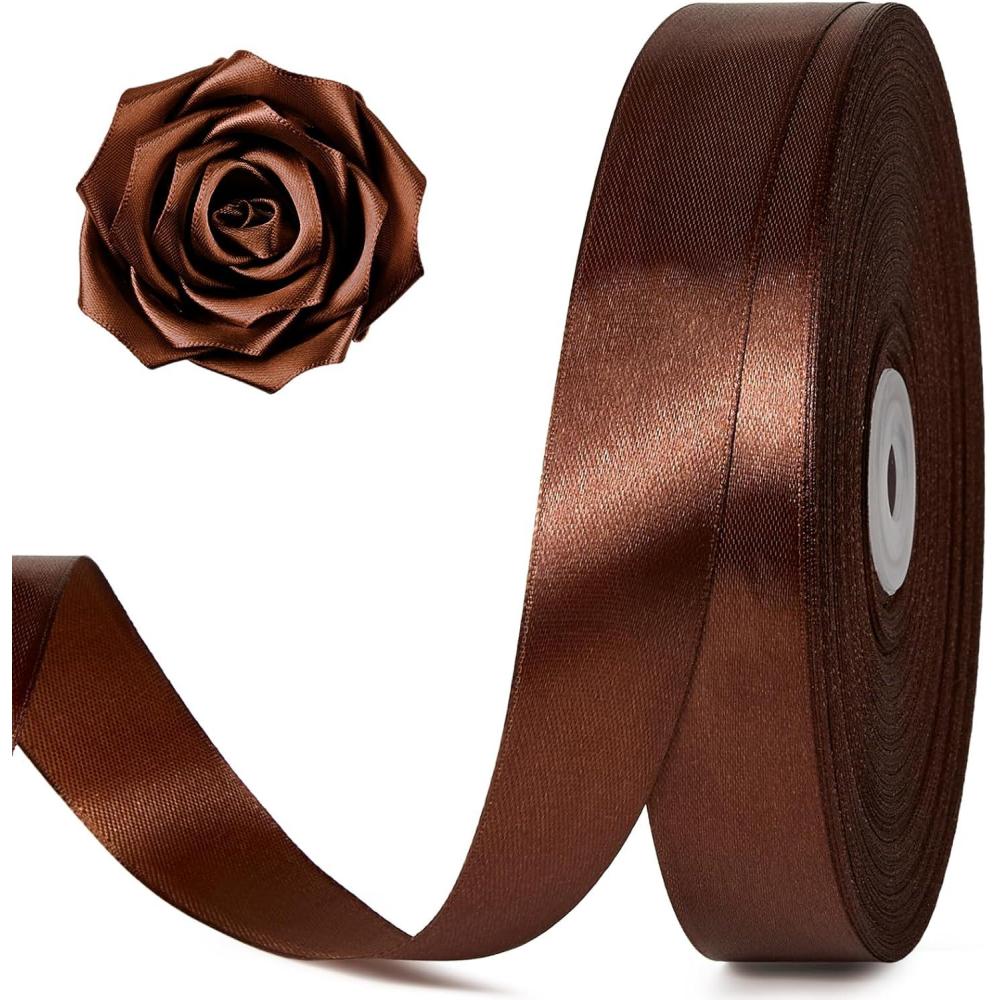 image:image100 Yards 1 Inch Baby Pink Satin Ribbon Solid Fabric Ribbon Roll for Flower Bouquet Gift Wrapping Roses Making Handmade CraftsBrown