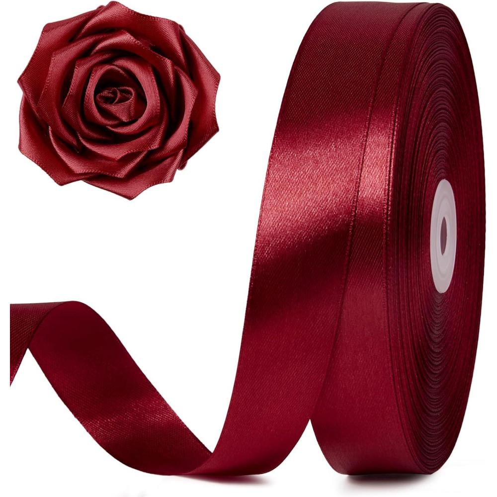 image:image100 Yards 1 Inch Baby Pink Satin Ribbon Solid Fabric Ribbon Roll for Flower Bouquet Gift Wrapping Roses Making Handmade CraftsBurgundy