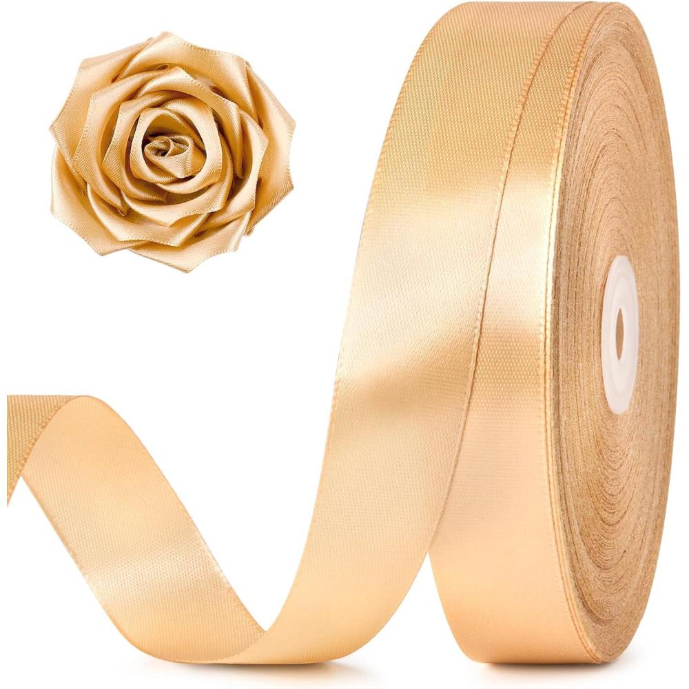 image:image100 Yards 1 Inch Baby Pink Satin Ribbon Solid Fabric Ribbon Roll for Flower Bouquet Gift Wrapping Roses Making Handmade CraftsChampagne