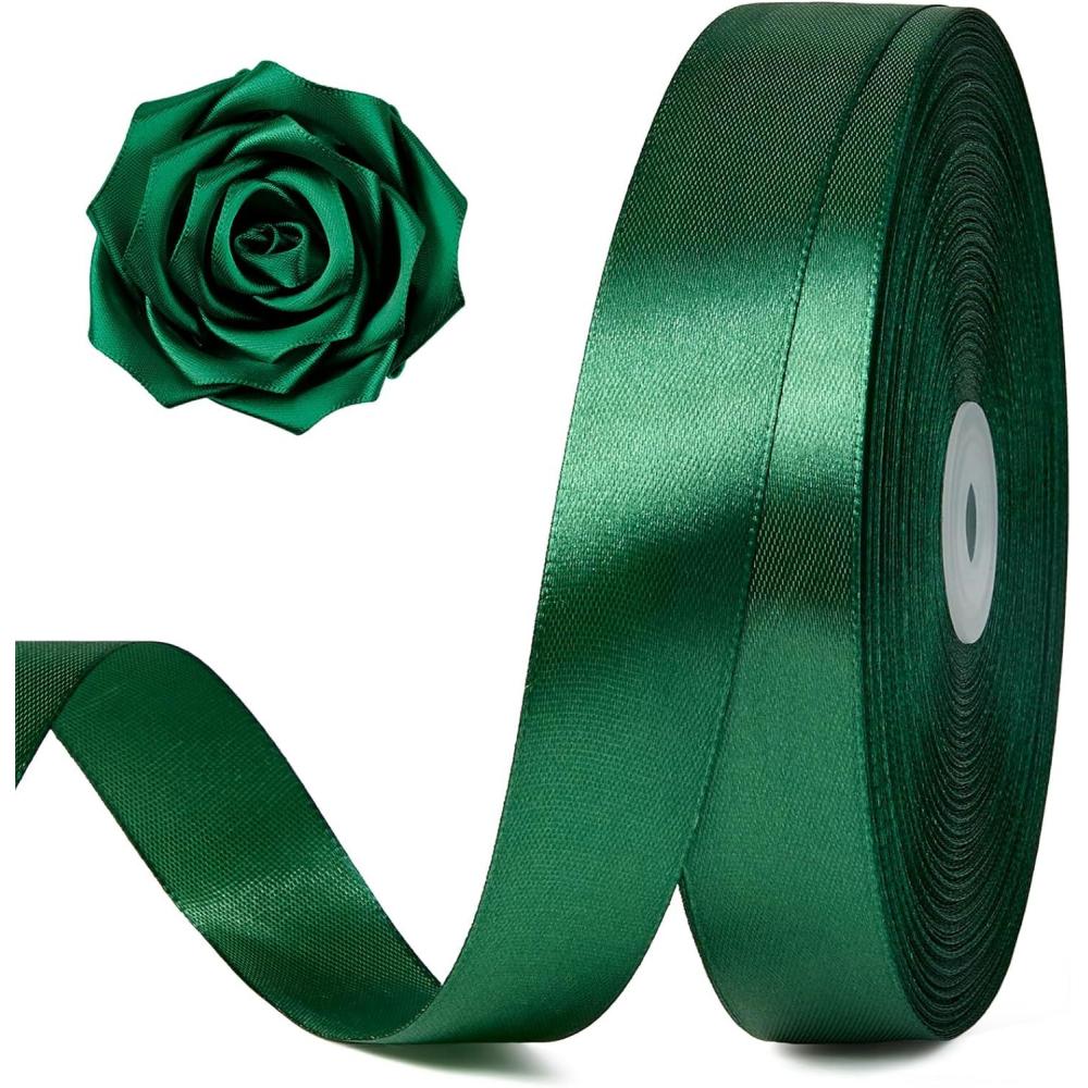 image:image100 Yards 1 Inch Baby Pink Satin Ribbon Solid Fabric Ribbon Roll for Flower Bouquet Gift Wrapping Roses Making Handmade CraftsDark Green
