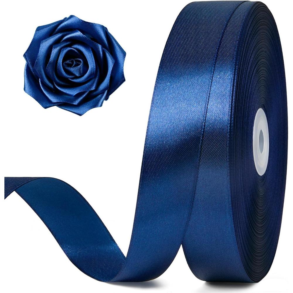 image:image100 Yards 1 Inch Baby Pink Satin Ribbon Solid Fabric Ribbon Roll for Flower Bouquet Gift Wrapping Roses Making Handmade CraftsNavy Blue