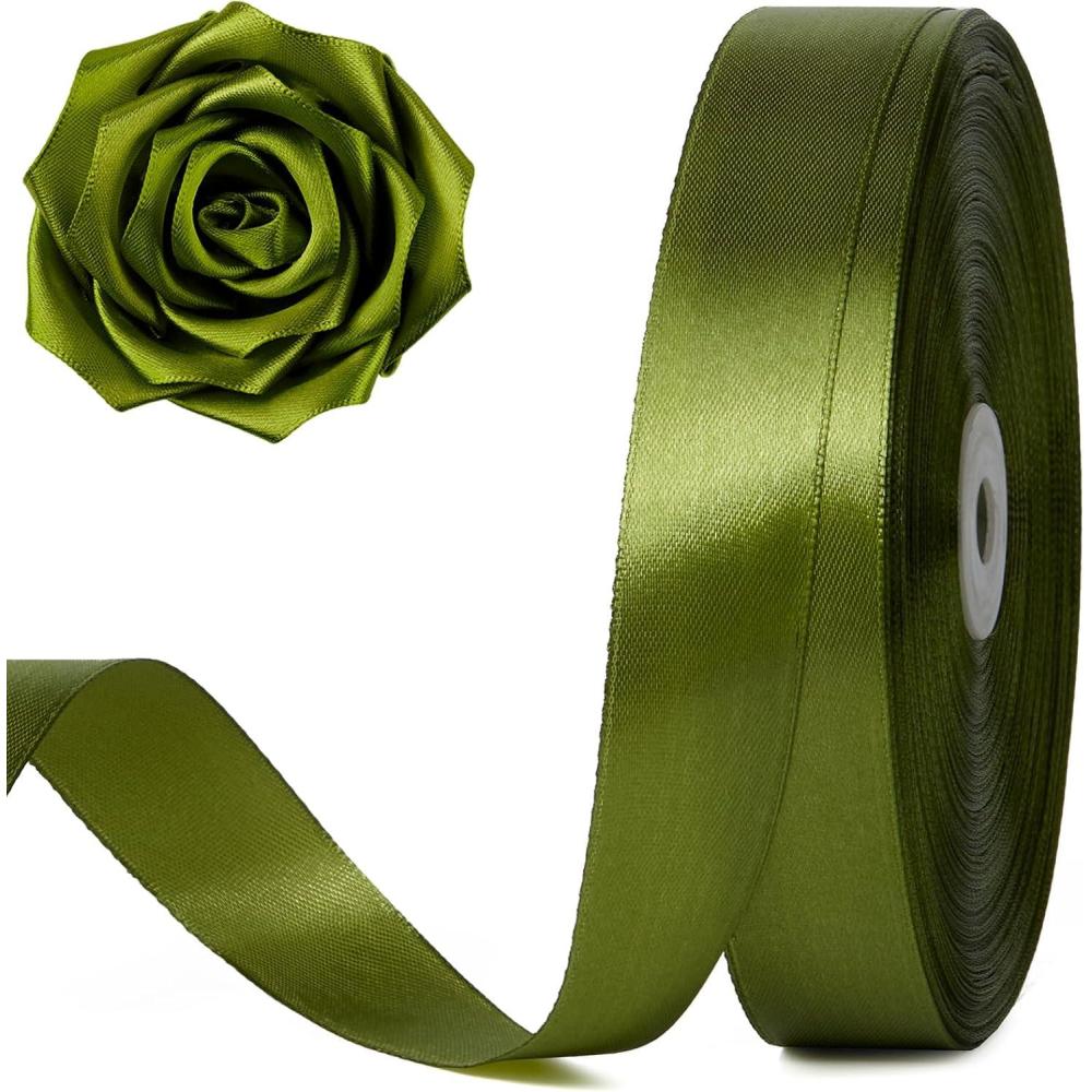 image:image100 Yards 1 Inch Baby Pink Satin Ribbon Solid Fabric Ribbon Roll for Flower Bouquet Gift Wrapping Roses Making Handmade CraftsOlive Green