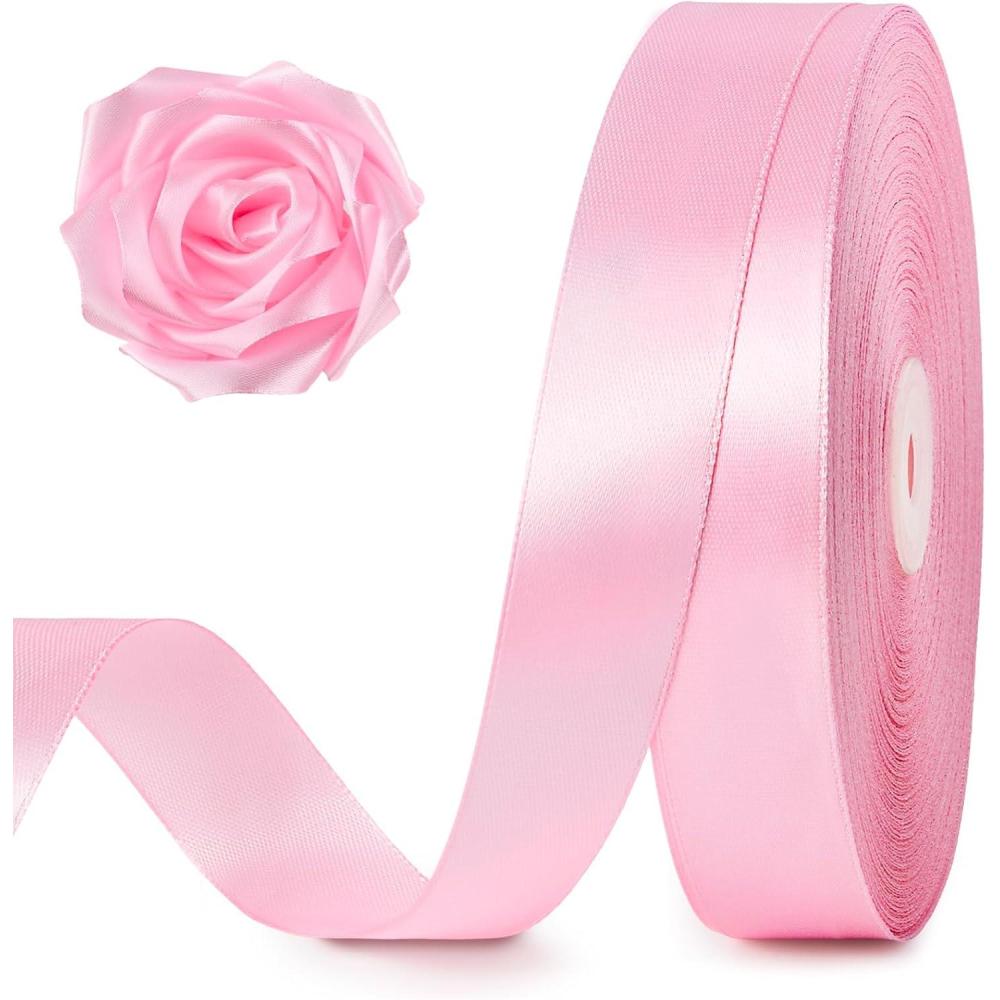 image:image100 Yards 1 Inch Baby Pink Satin Ribbon Solid Fabric Ribbon Roll for Flower Bouquet Gift Wrapping Roses Making Handmade CraftsPink