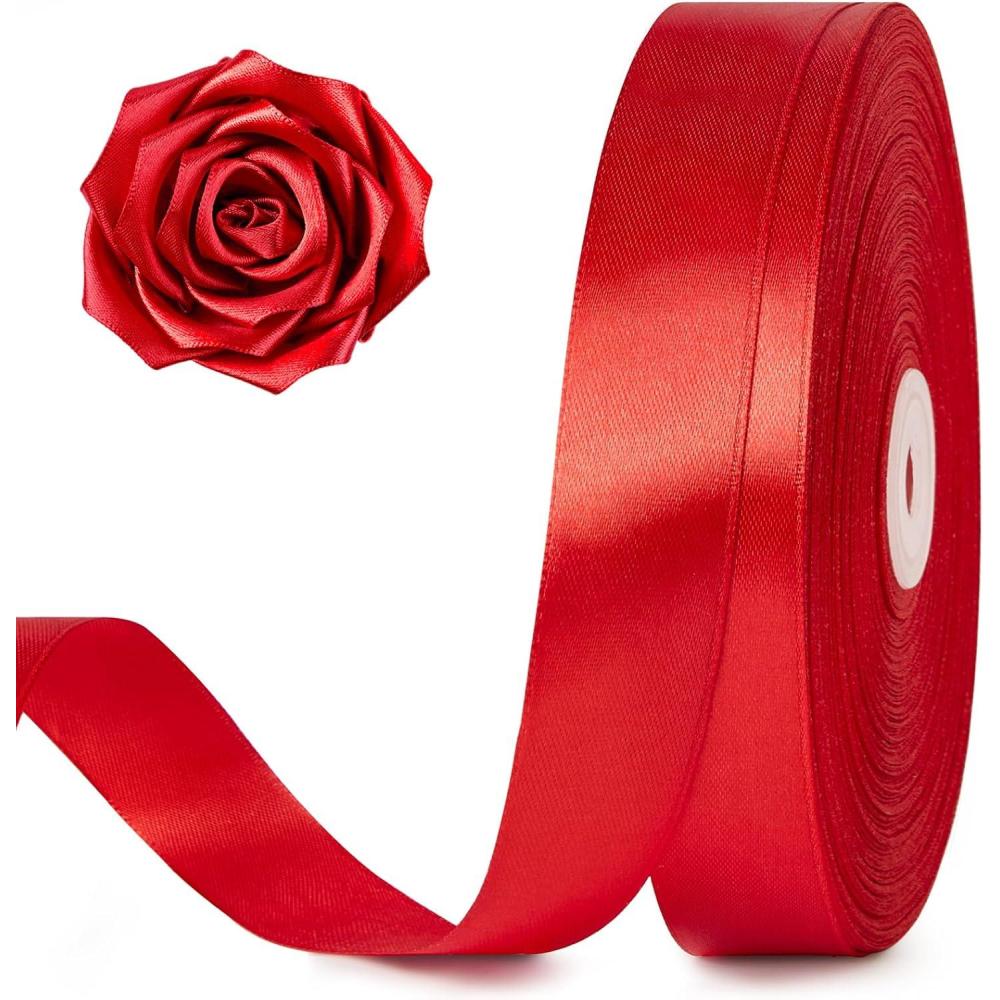 image:image100 Yards 1 Inch Baby Pink Satin Ribbon Solid Fabric Ribbon Roll for Flower Bouquet Gift Wrapping Roses Making Handmade CraftsRed