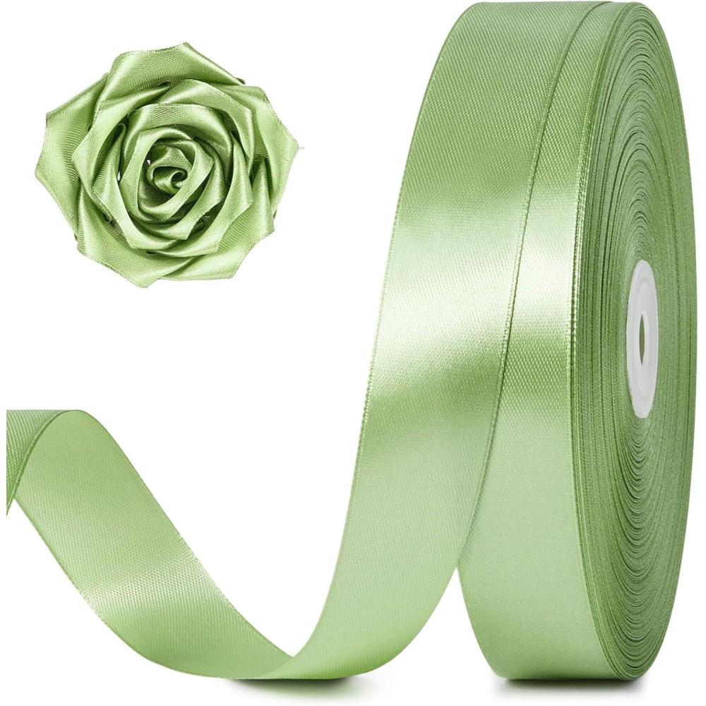 image:image100 Yards 1 Inch Baby Pink Satin Ribbon Solid Fabric Ribbon Roll for Flower Bouquet Gift Wrapping Roses Making Handmade CraftsSage Green