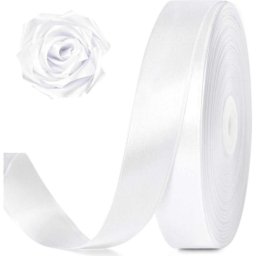 image:image100 Yards 1 Inch Baby Pink Satin Ribbon Solid Fabric Ribbon Roll for Flower Bouquet Gift Wrapping Roses Making Handmade CraftsWhite