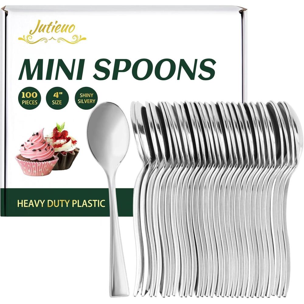 image:image100CT Mini Gold Forks 4 Inch Small Plastic Gold Dessert Forks Disposable Heavy Duty Tiny Forks for Appetizers Tasting Cocktail Hors Doeuvres Charcuterie Board Wedding ReceptionMini Silver Spoons 100 Ct