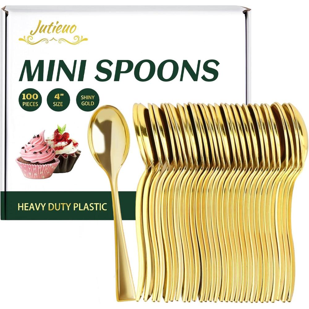 image:image100CT Mini Gold Forks 4 Inch Small Plastic Gold Dessert Forks Disposable Heavy Duty Tiny Forks for Appetizers Tasting Cocktail Hors Doeuvres Charcuterie Board Wedding ReceptionMini Gold Spoons 100 Ct