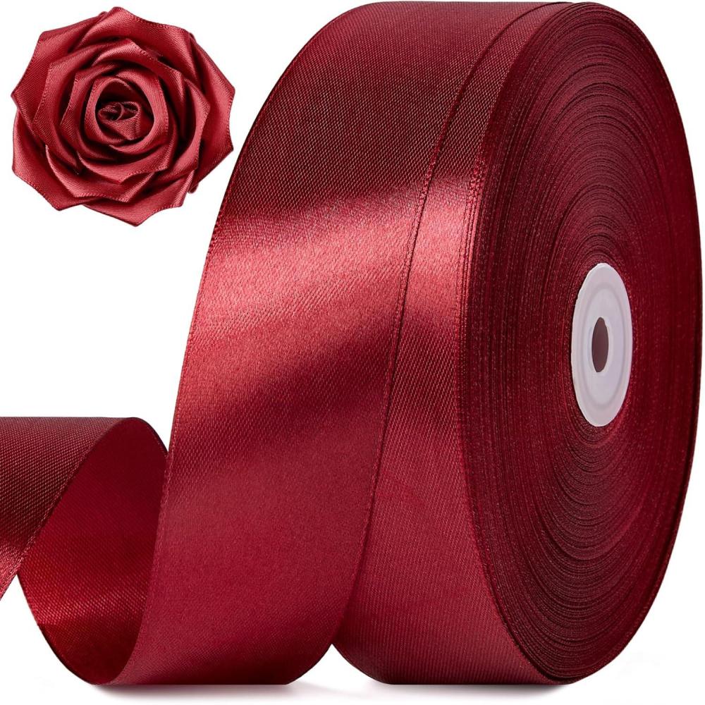 image:image112 Inch 100 Yards Baby Pink Satin Ribbon Solid Fabric Ribbon Roll for Flower Bouquet Gift Wrapping Roses Making Handmade CraftsBurgundy