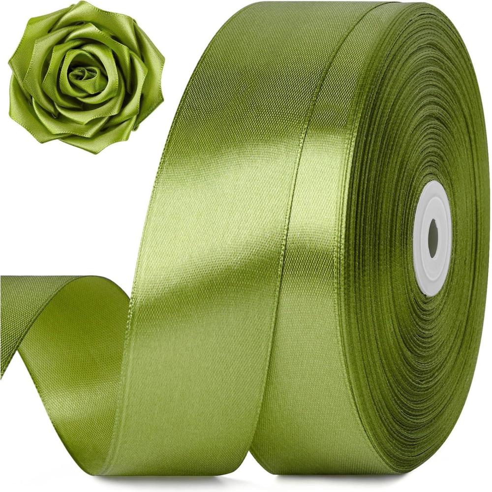 image:image112 Inch 100 Yards Baby Pink Satin Ribbon Solid Fabric Ribbon Roll for Flower Bouquet Gift Wrapping Roses Making Handmade CraftsOlive Green