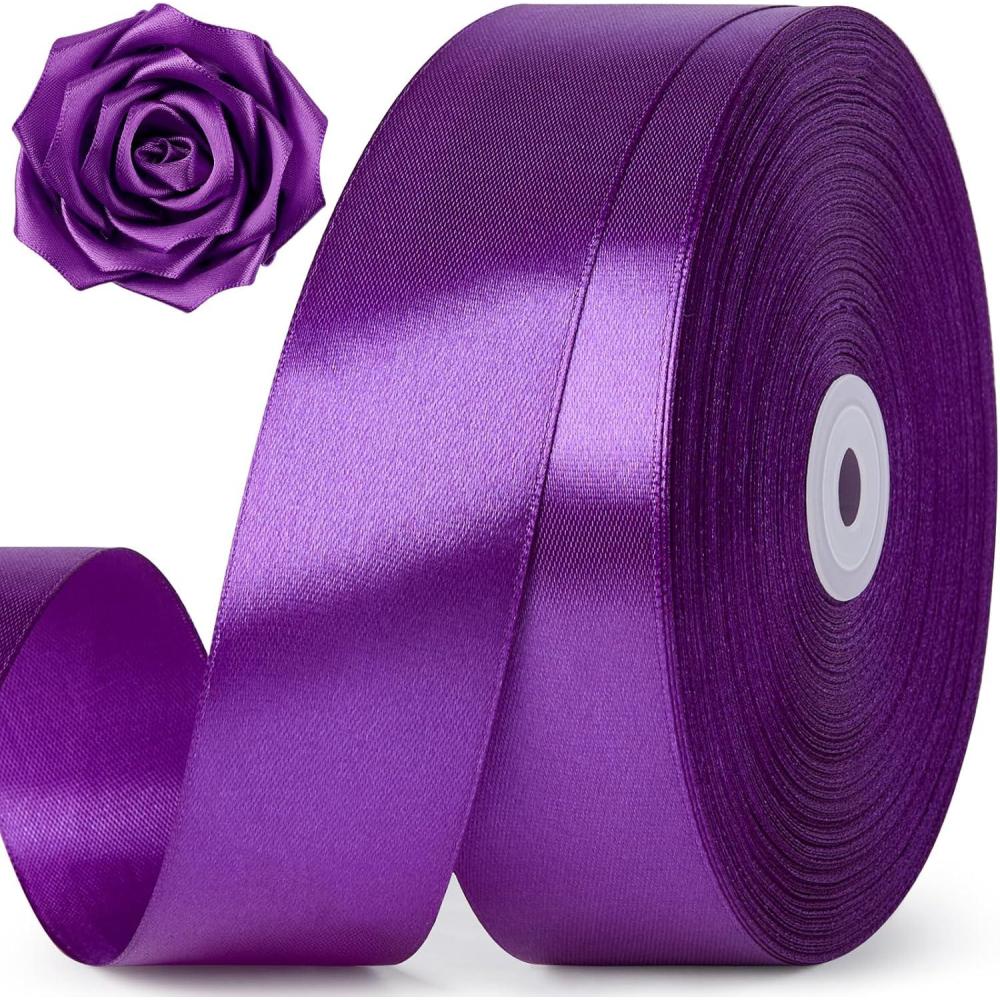 image:image112 Inch 100 Yards Baby Pink Satin Ribbon Solid Fabric Ribbon Roll for Flower Bouquet Gift Wrapping Roses Making Handmade CraftsPurple