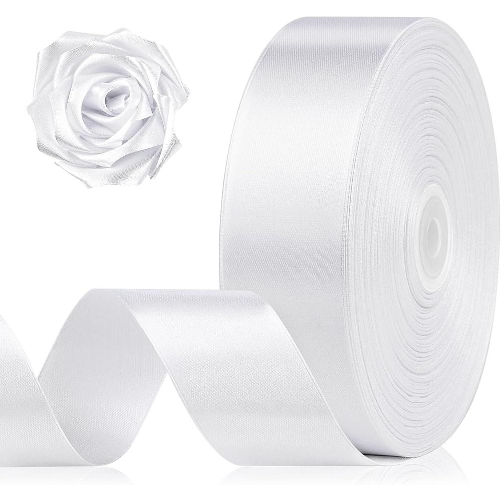 image:image112 Inch 100 Yards Baby Pink Satin Ribbon Solid Fabric Ribbon Roll for Flower Bouquet Gift Wrapping Roses Making Handmade CraftsWhite