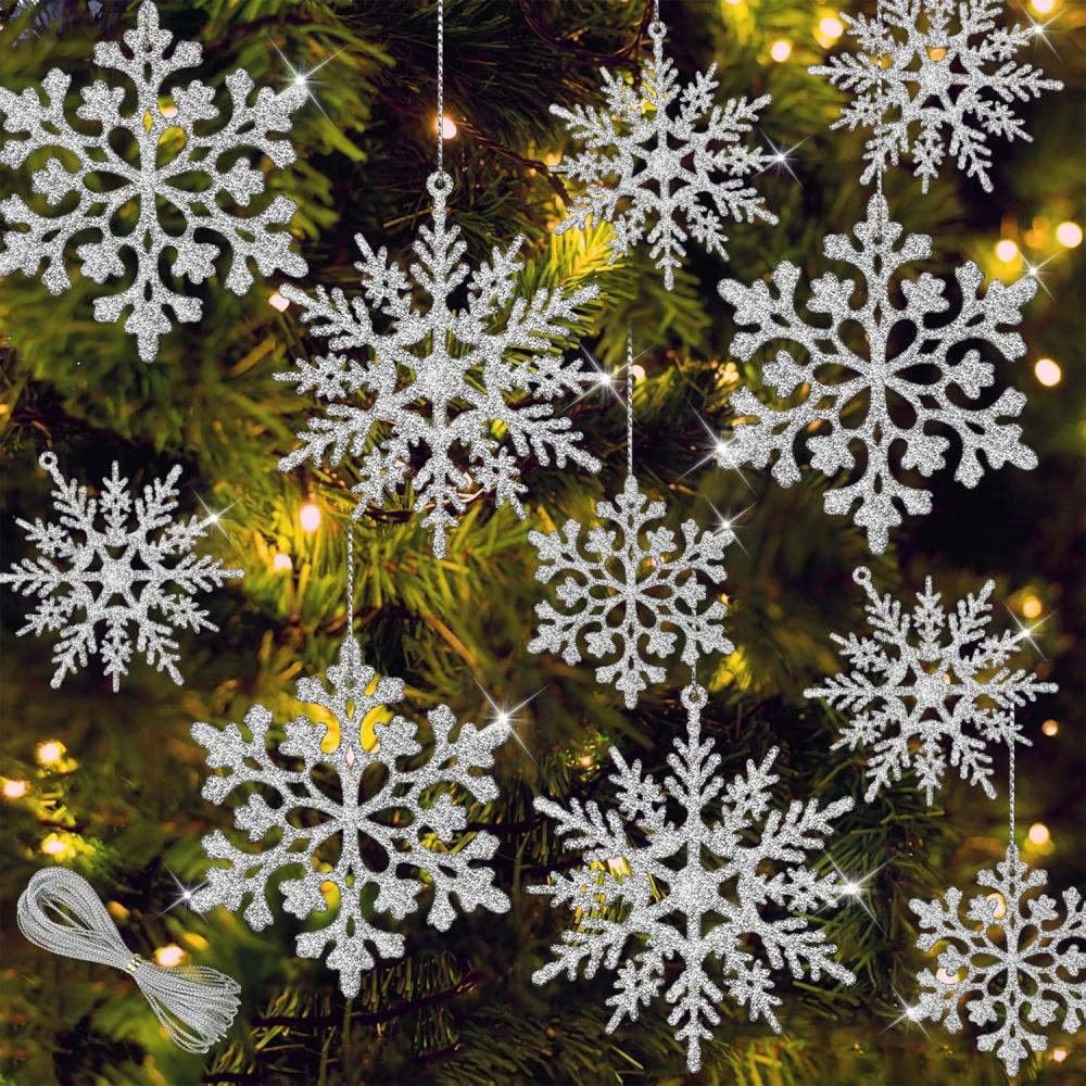 image:image36Pcs Silver Glitter Snowflake Decorations Christmas Ornaments Hanging Plastic Snow Flakes Ornaments with Silver Rope for Christmas Tree Decorations Winter Wonderland Party Supplies