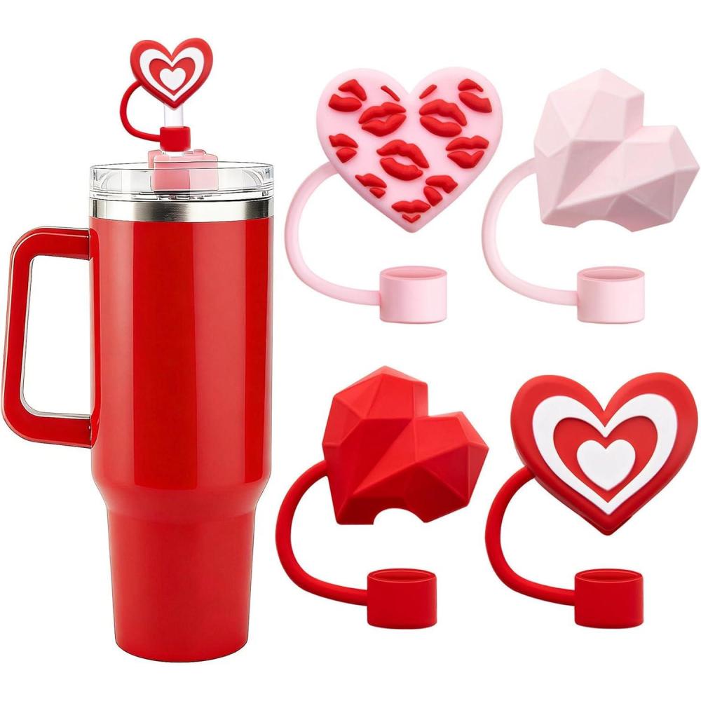 image:image4 Pcs Heart Straw Toppers for Stanley Cups Cute Red Pink Heart Straw Cover Caps for 40amp30 oz Stanley Cups Tumblers with DIA 10 mm StrawsHeart