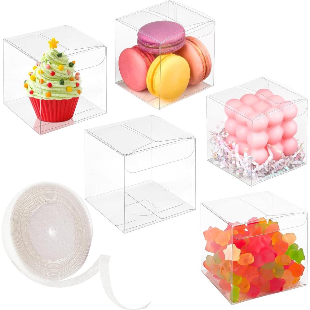 image:image45 Pack 3x3x3 Inches Clear Favor Boxes with Ribbons Transparent Plastic Cube Treat Boxes for Candy Goodie Gift Small Individual Hot Cocoa Bomb Packaging Box3x3x3 Inch