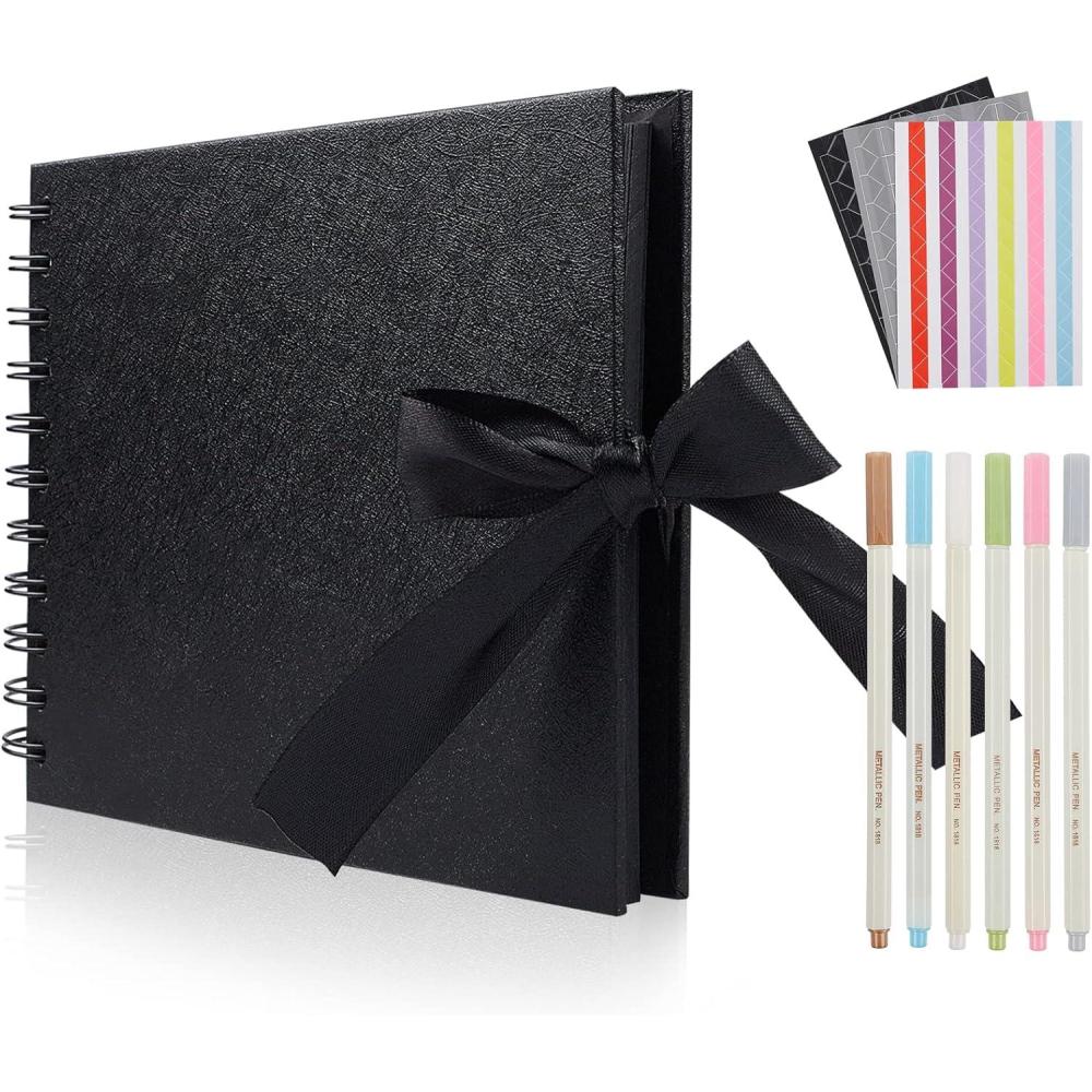 image:image60 Pages Small Scrapbook Album with 6 Metallic Markers 85 x 59 Inches Black Paper Photo Album for Wedding Anniversary Family DIY Scrapbook Accessories8559 Inches 60Pages