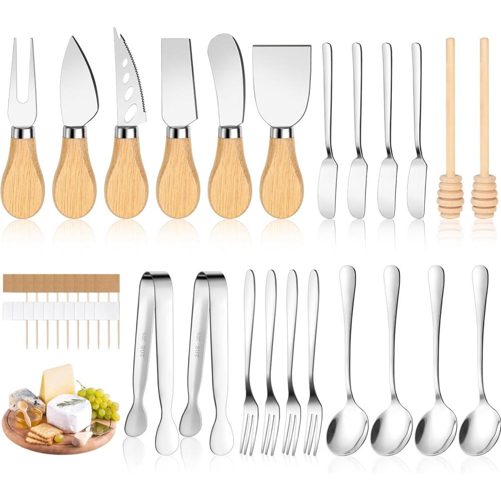 image:imageCharcuterie Board Accessories Wooden Handle Cheese Knife Set Charcuterie Utensils Include Cheese Knifes Tongs Spreaders Forks Spoons Honey Dippers Flags 42 Pieces