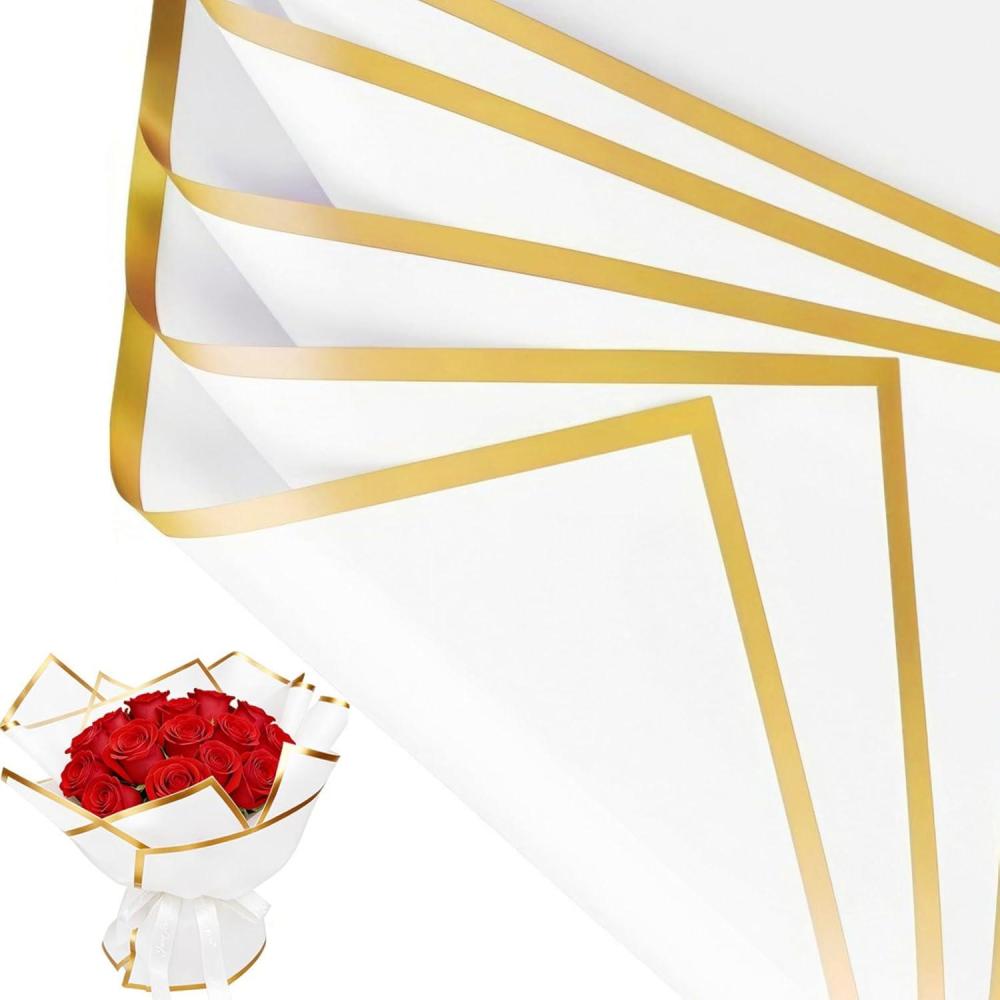 image:imageJutieuo 20 Sheets Pink Flower Wrapping Paper Waterproof Translucent Korean Floral Paper for Flower Bouquet Wraps Gift Packaging Florist Supplies 228 x 228 inchWhite Gold Edge