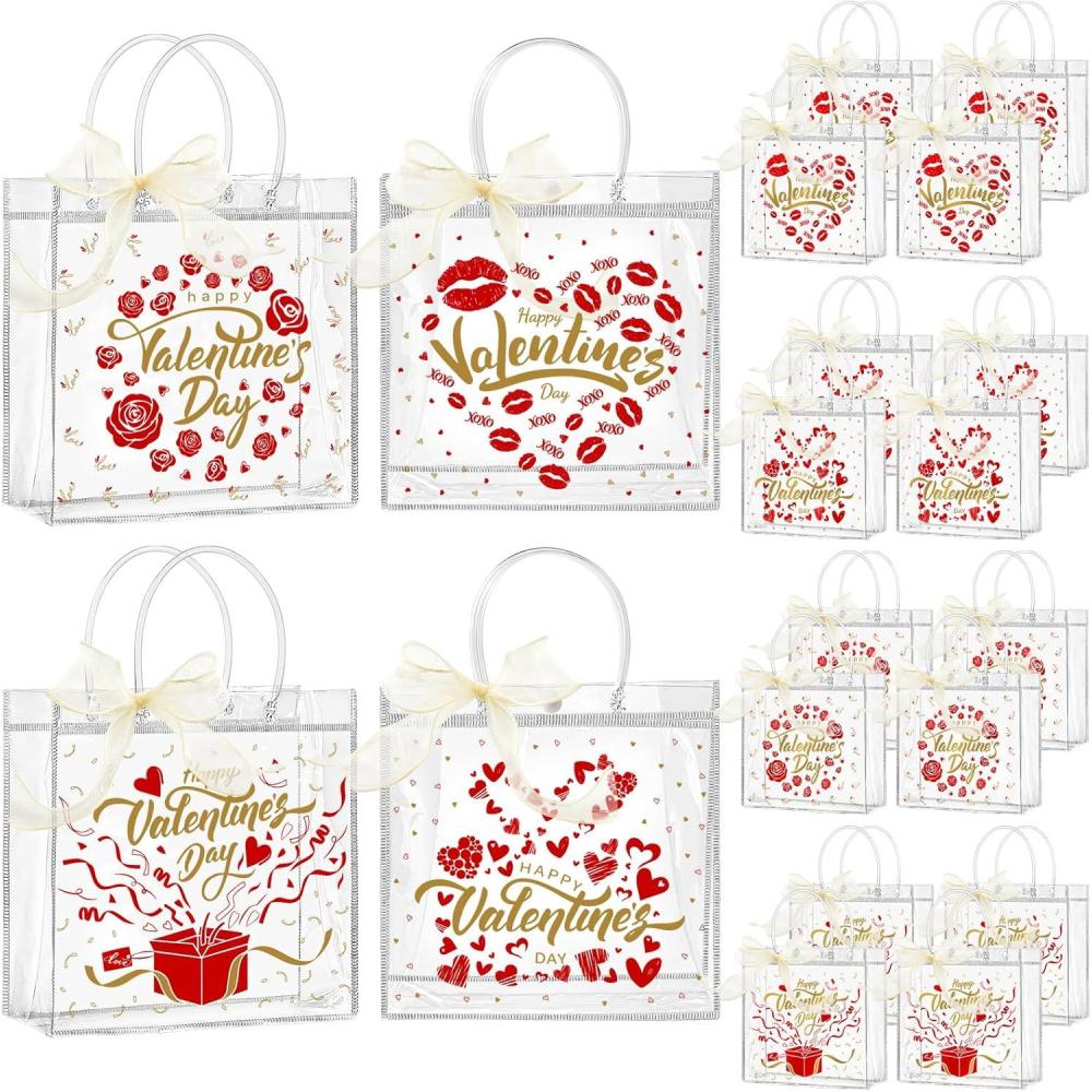 image:imageJutieuo 24 Pack Clear Gift Bags with Handles Bulk Valentines Day Gift Bags Reusable Transparent PVC Plastic Tote Goodies Bags for Valentines Party Favors 79 x 79 x 32 Inch